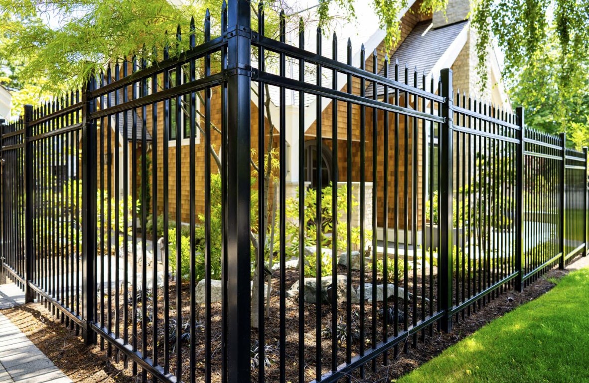 Elegant black aluminum ornamental fence with decorative spear tops